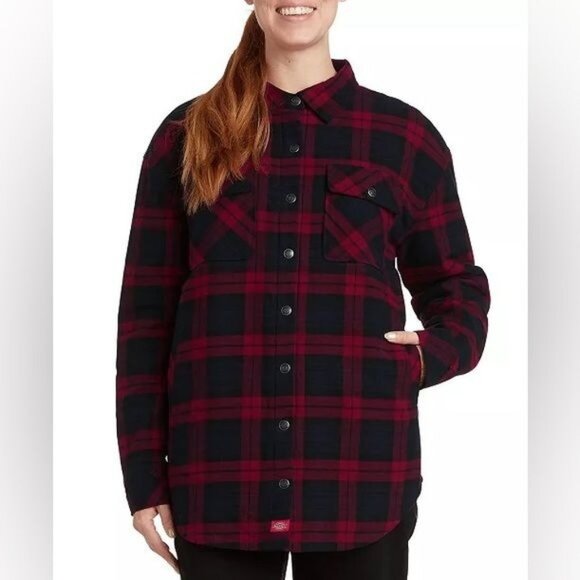 Dickies Women’s Large Plaid Shirt Jacket Red Black Oversized Shacket - Picture 1 of 8